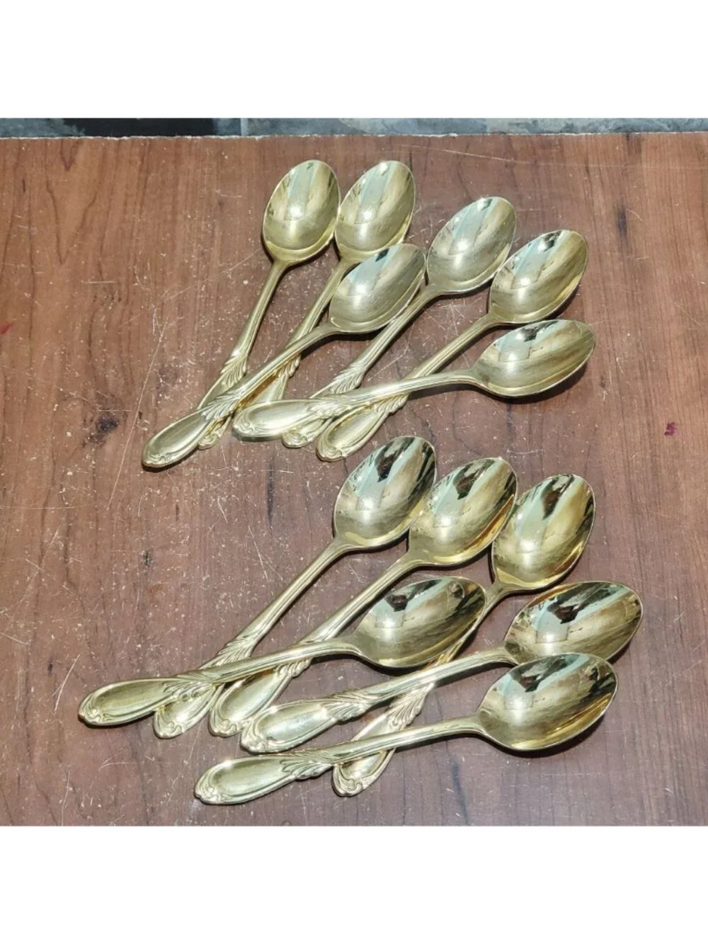 12 Piece Gold Electroplated Teaspoons Classic Plume Marked Stainless Steel Korea
